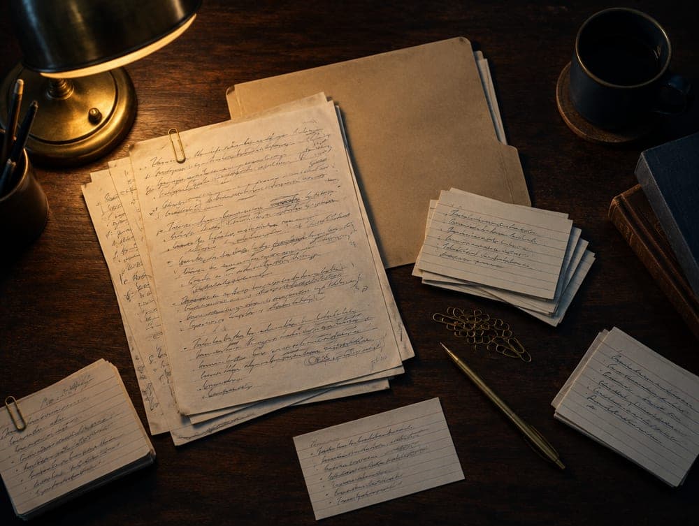 Handwritten case notes and index cards on a walnut desk
