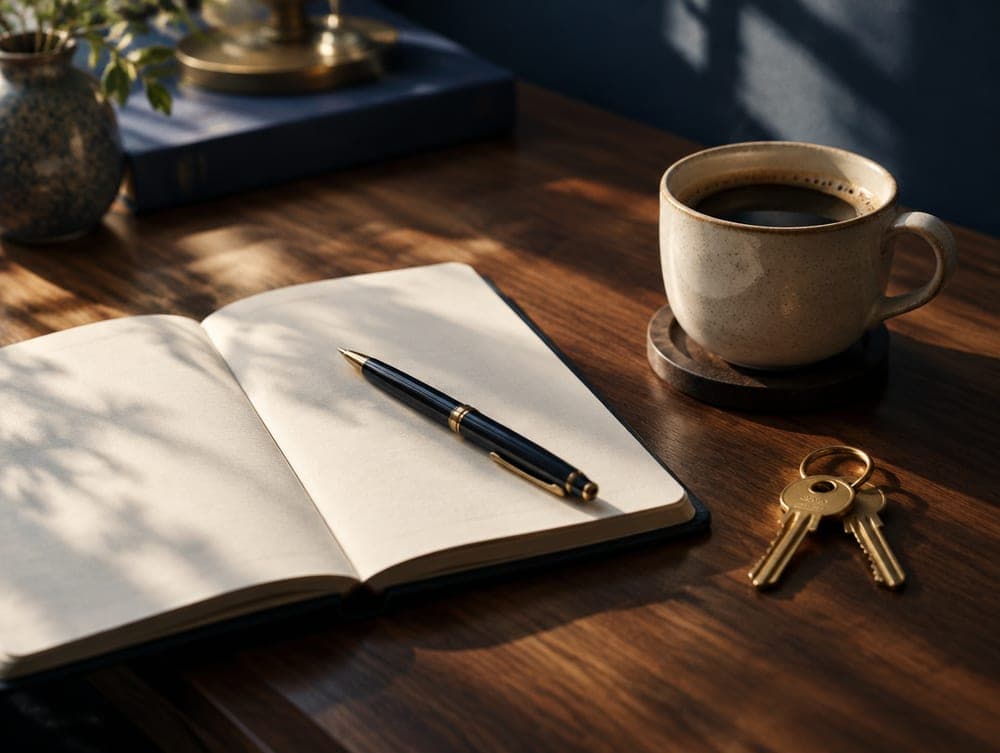 An open notebook, coffee cup, and a set of keys on a desk