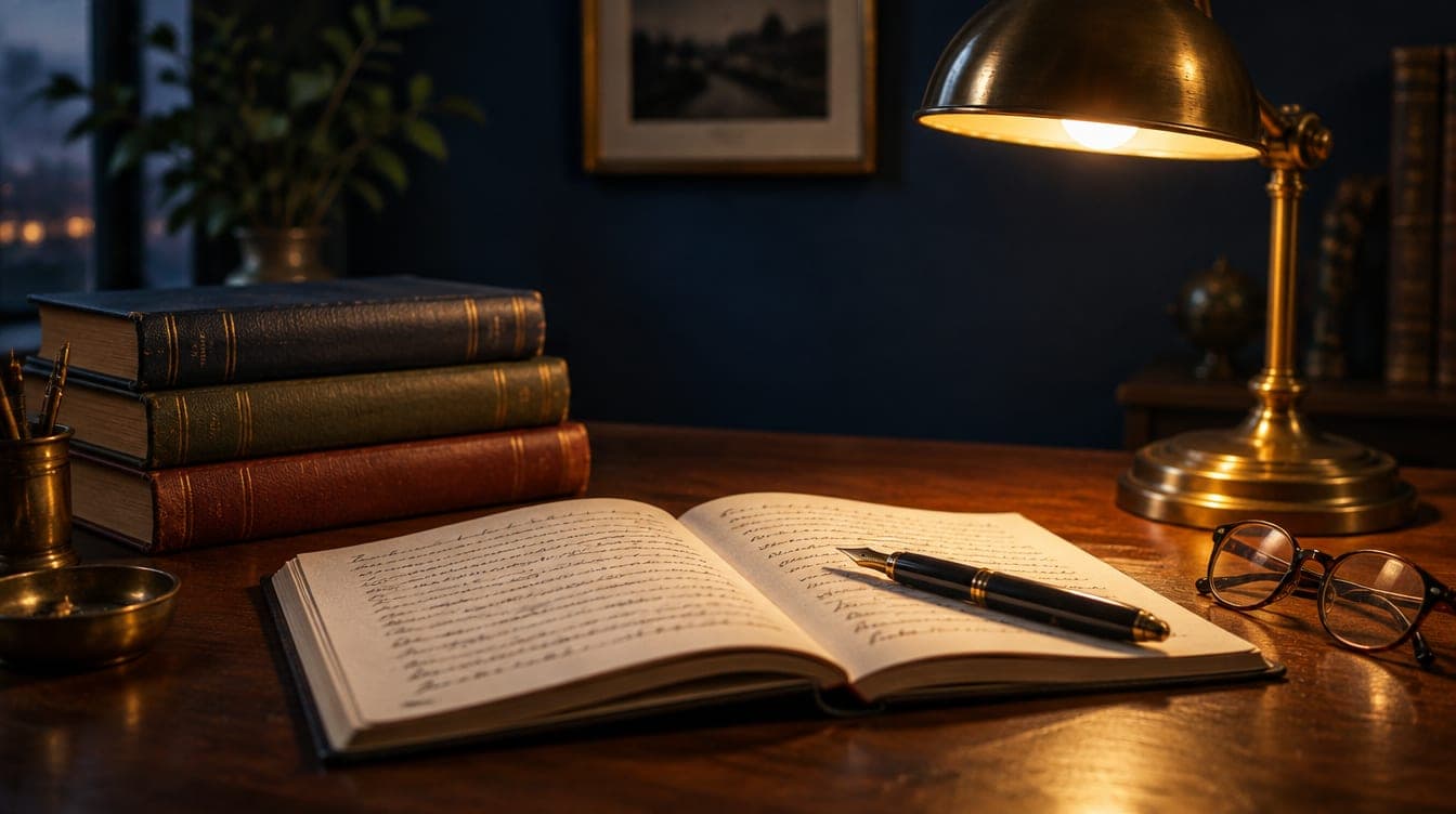 An open notebook and fountain pen on a writer's desk under a brass lamp