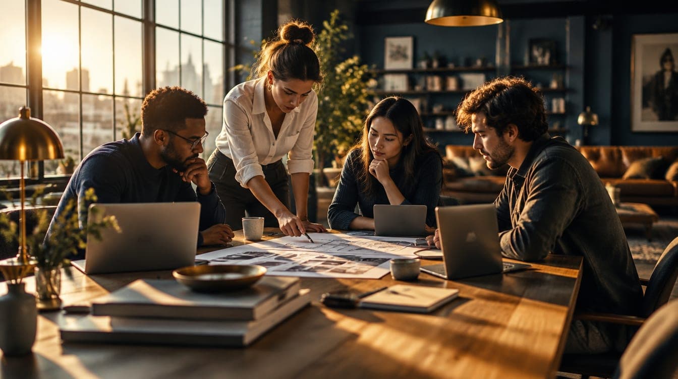 A cross-functional team working together around a long table