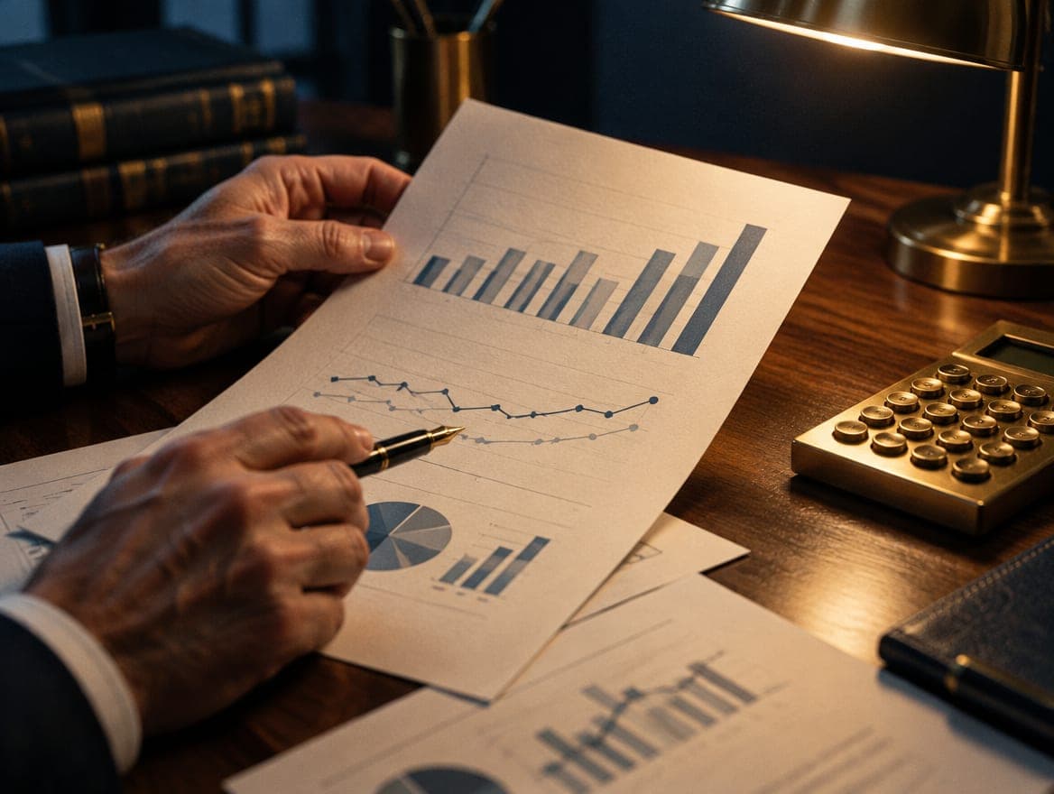 Hands reviewing printed financial reports beside a desk calculator