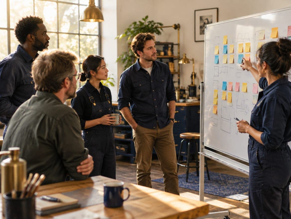 An operations team holding a morning stand-up around a whiteboard